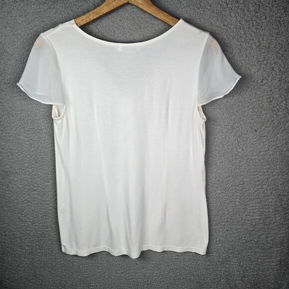 Blouse Top Tee S White V-Neck Sheer Short Cap Flutter Sleeve Pullover Relaxed - Picture 2 of 8